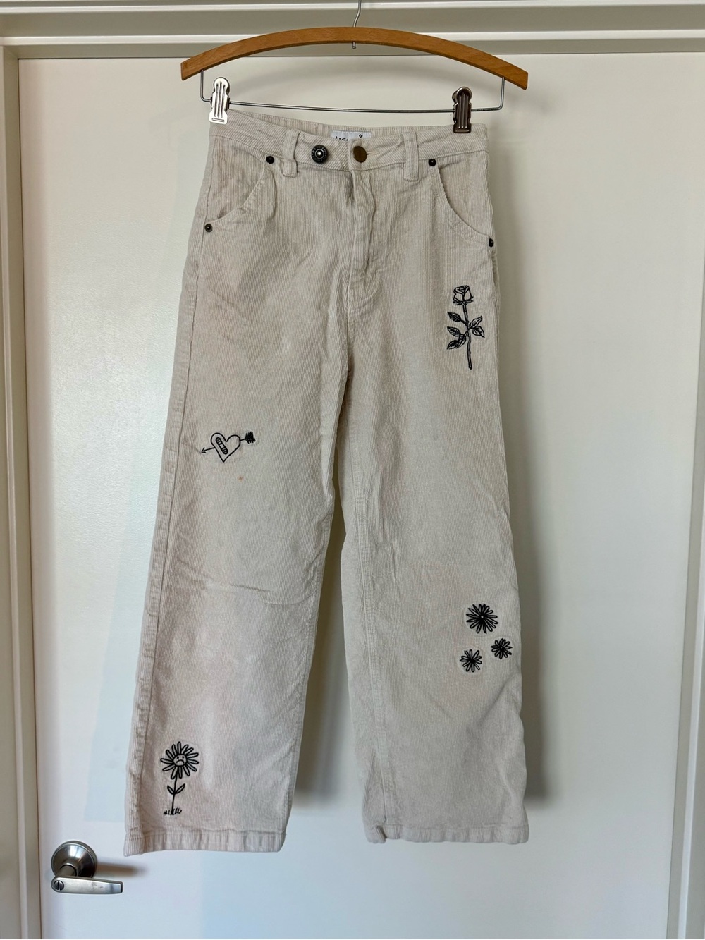 Embroidered Cream Corduroy Wide-Leg Jeans - Women's Casual Pants